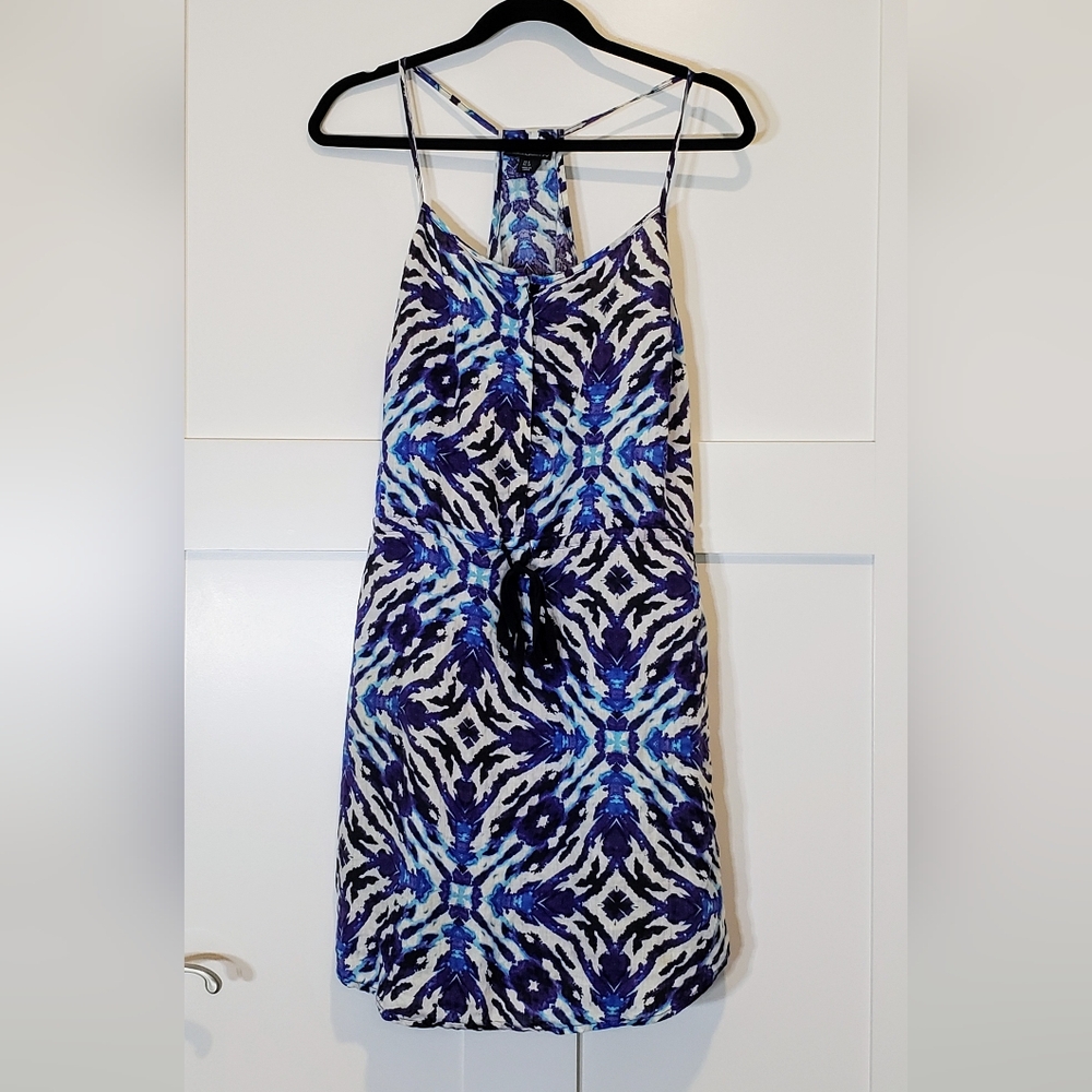 Cynthia Rowley Linen Racerback Mini Dress Pockets Cinchable Waist Sz 6 Blue